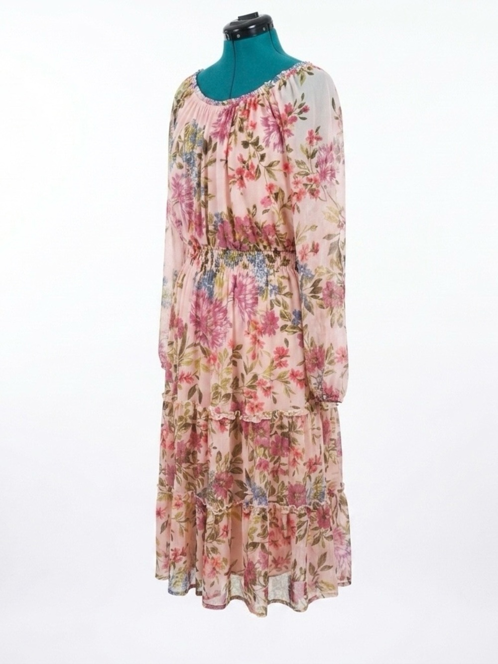 Floral Long Sleeve Tiered Midi Dress - Pink - Picture 2 of 6